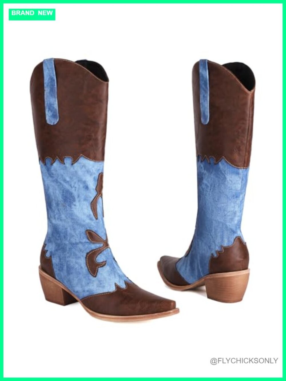 Women Denim Cowboy Boots PU Leather Knee High Western Embroidered Pull On